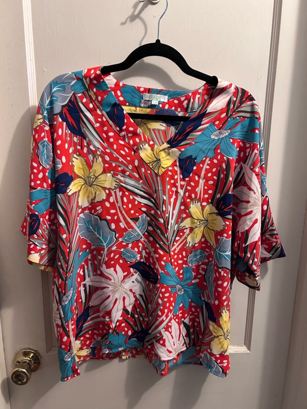 Jade tropical floral boxy oversized multicolor top short sleeve size S/M